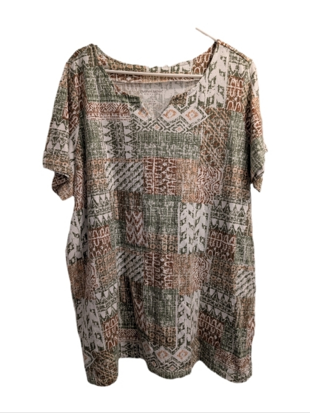 Woman Within Green & Brown Patchwork Print Top 1X